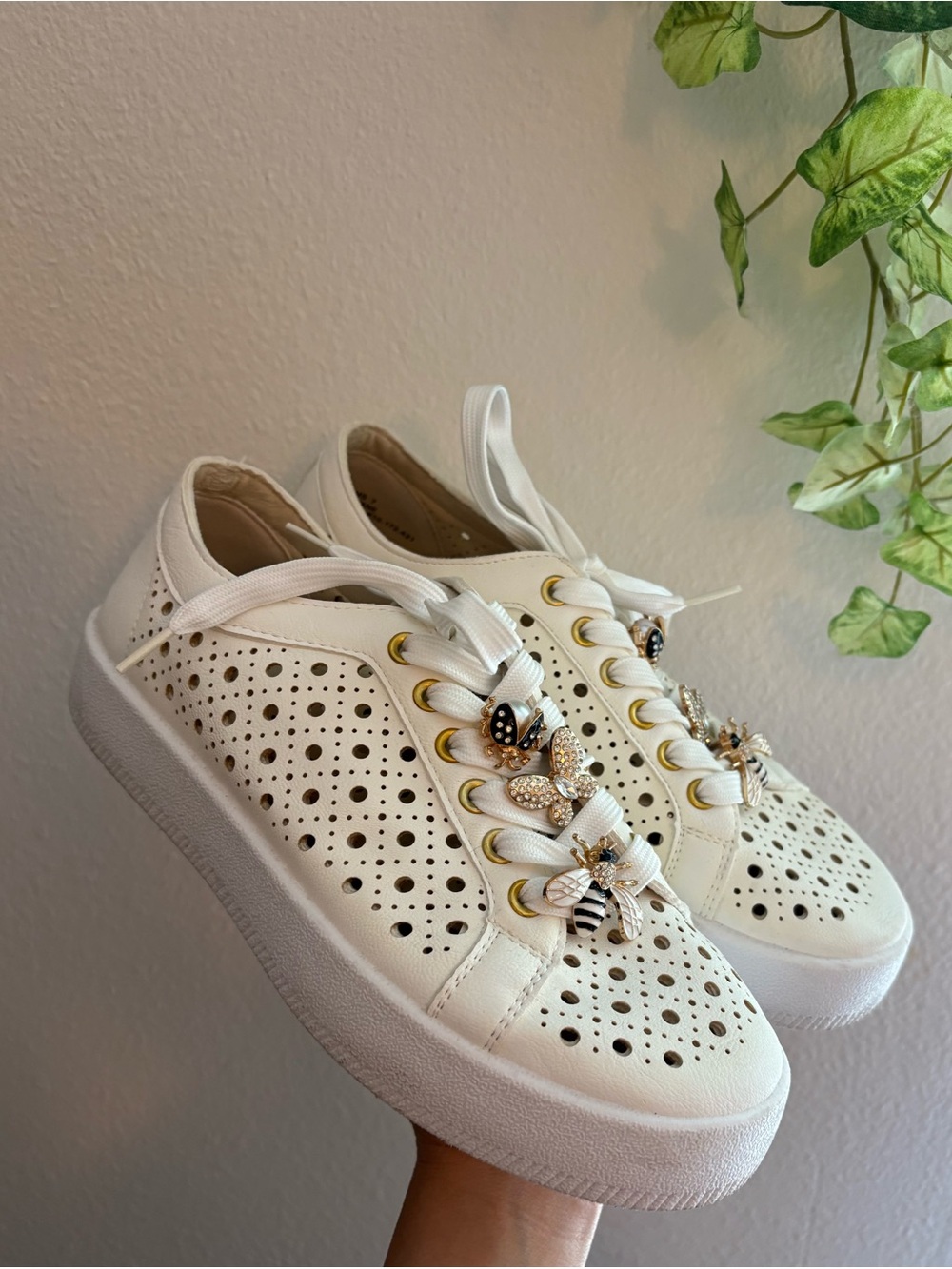 Dolce Vita Roxane White Perforated Platform Sneakers with Bee Charms
